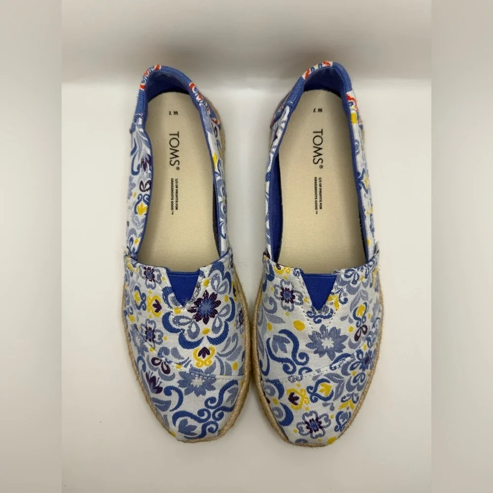 TOMS Women’s Alpargata Rope Espadrilles in Blue Mediterranean Tiles Print Sz 7